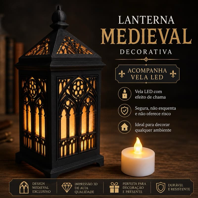 Lanterna Medieval Decorativa 16cm + Mini Vela LED | Impressão 3D Premium