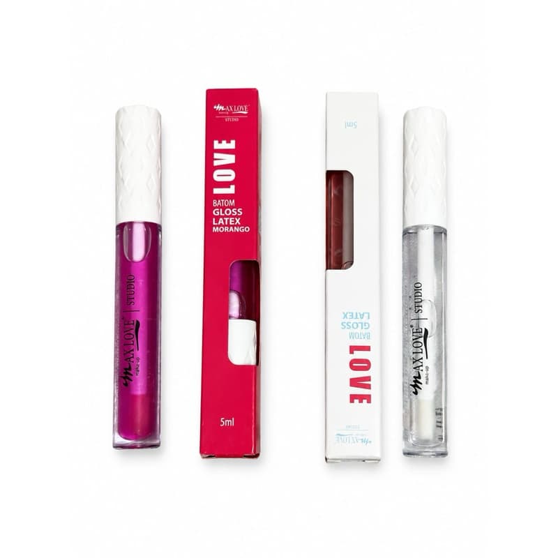 Kit 2 Gloss Labial Max Love Latex Morango + Gloss Transparente Hidratante Efeito Brilho 5ml
