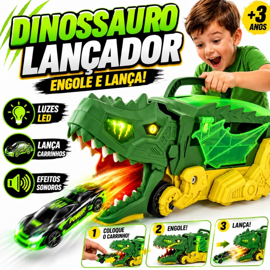 Dinossauro Engole Carros Lançador com 6 Carrinhos Brinquedo Infantil