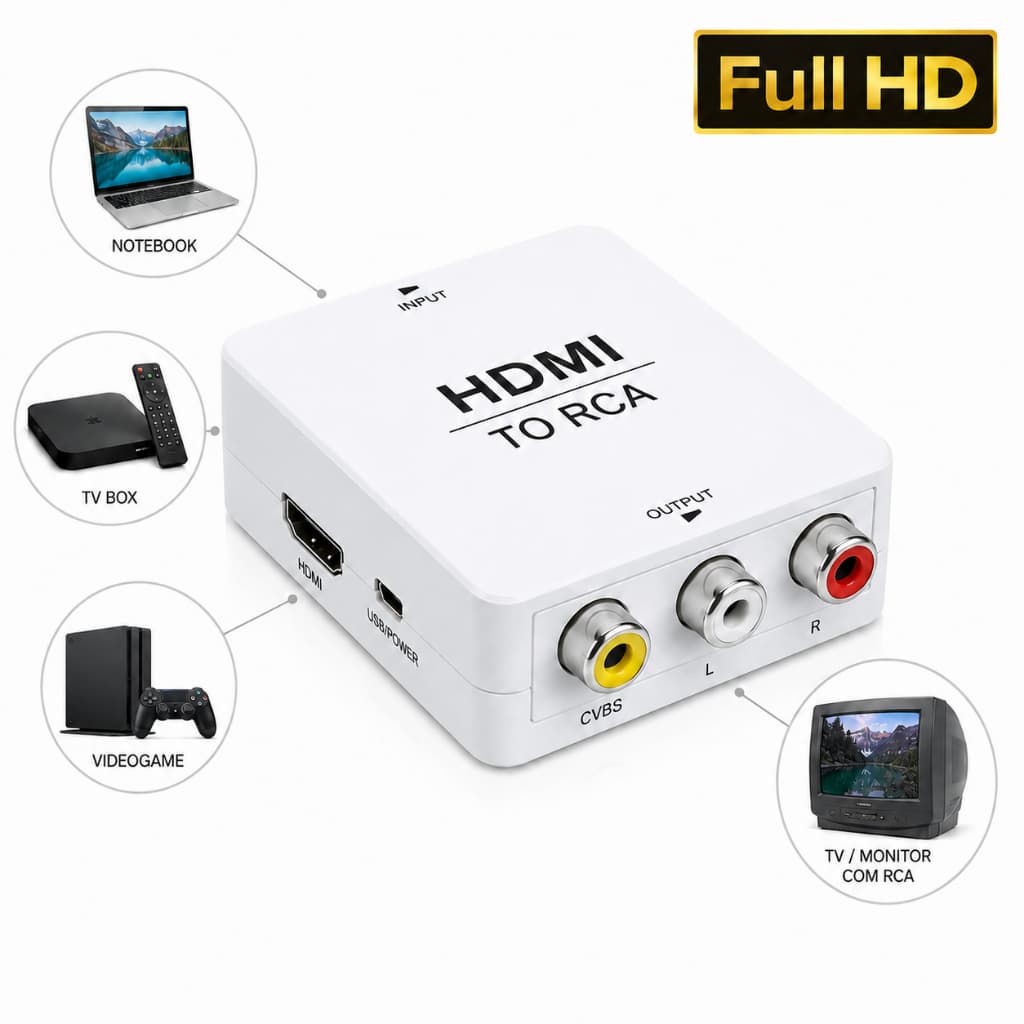 Conversor HDMI para RCA AV Branco Adaptador HDMI2AV com USB Áudio e Vídeo para TV Antiga, Monitor, DVD, Notebook Full HD