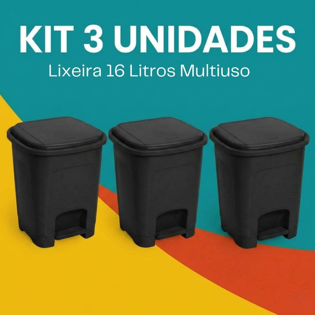 Kit 3 Lixeiras 16 Litros Com Pedal Preta Plástico Resistente Multiuso Cozinha Escritório Banheiro