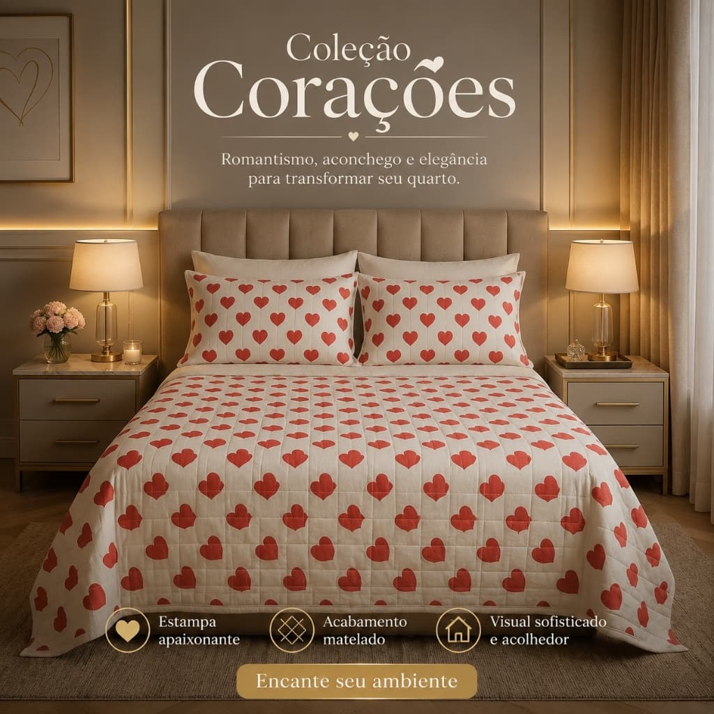 Kit Cobre Leito Casal 3 Peças Malha 100% Algodão Matelassê Costurado Dupla Face Estampa Coração
