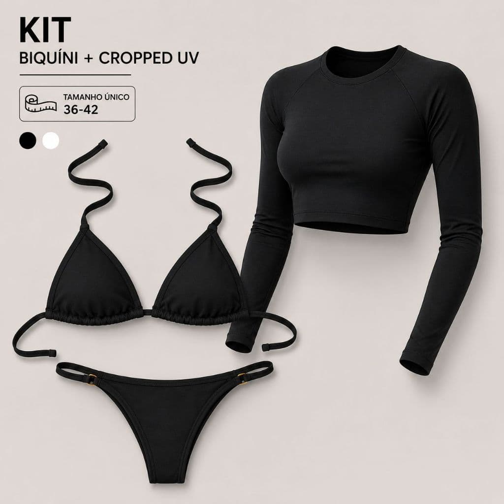 Kit Biquíni Feminino Cortininha + Cropped Manga UV Longa Praia Fio