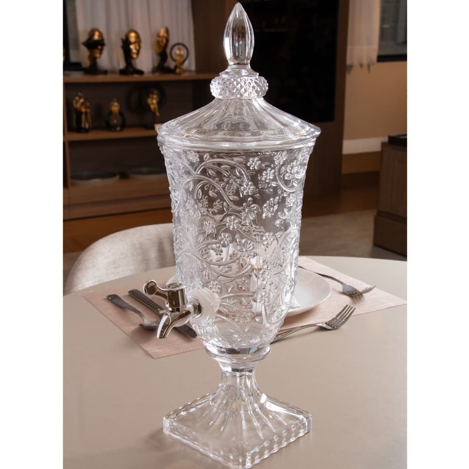 Suqueira de vidro com tampa e pé 2 litros decorada transparente para cozinha suco com torneira saquera flor flores wolff