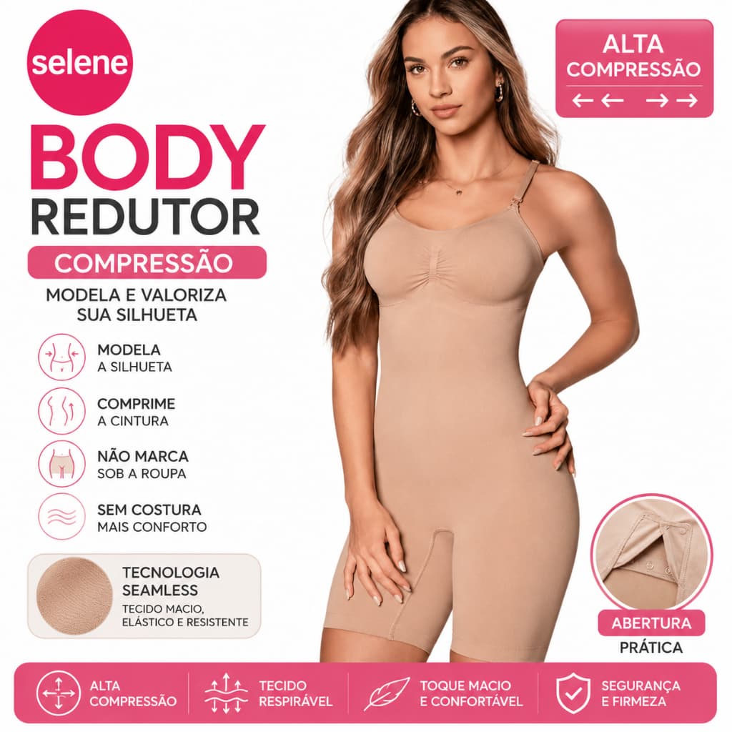 Body Redutor Selene Alta Compressão Sem Costura Macaquinho Modelador Com Abertura Cinta Feminina
