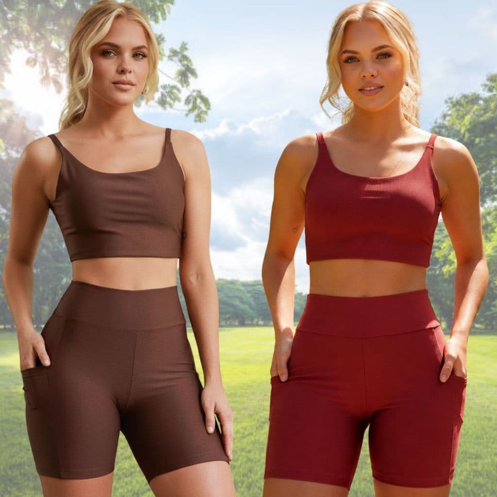 Kit 2 Conjunto Academia Short Bolso e Top Alça Fina Fitness Suplex Zero Transparência Corrida Treino