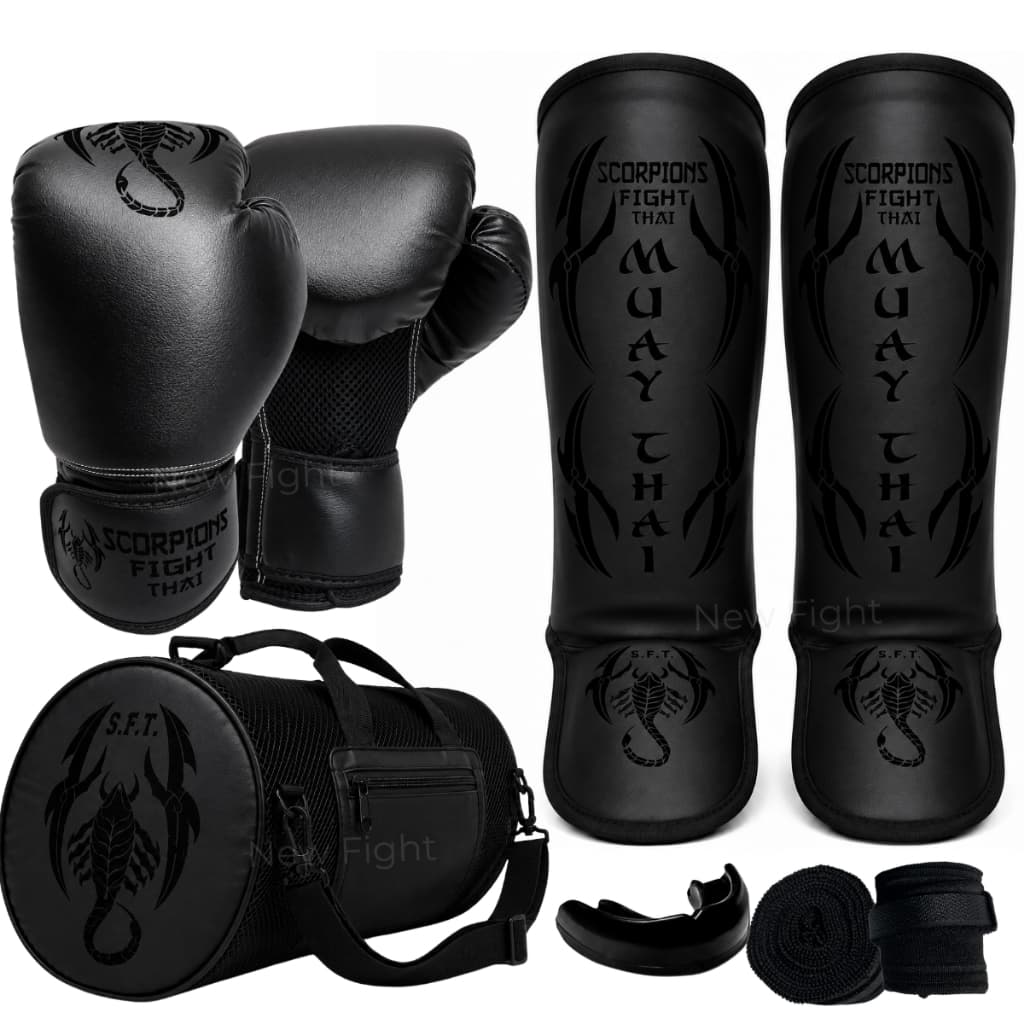 Kit Luva Muay Thai Boxe kickboxing +bandagem+bucal+bolsa+caneleira