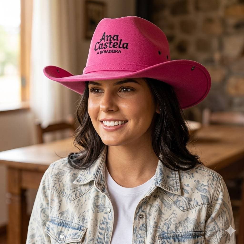 Chapéu Country Ana Castela Boiadeira - Bordado Adulto Juvenil Camurça Sertanejo Cowboy Rodeio