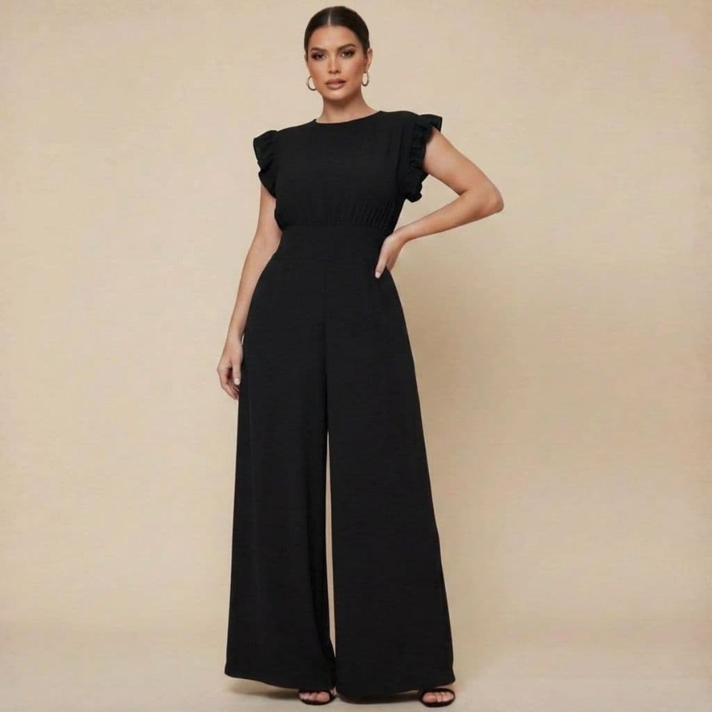 Macacão Feminino Pantalona Longo Social Elegante Gola Redonda Manga Curta Babado Amarração Atrás Acinturado