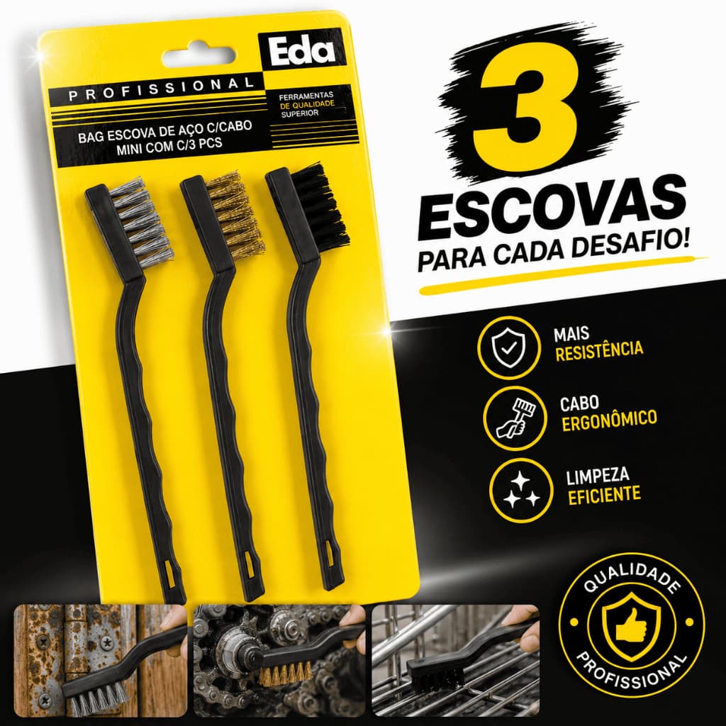 Escova De Aço 3 Peças Limpeza Ferrugem Metal Inox Escovinha de Limpeza Profissional