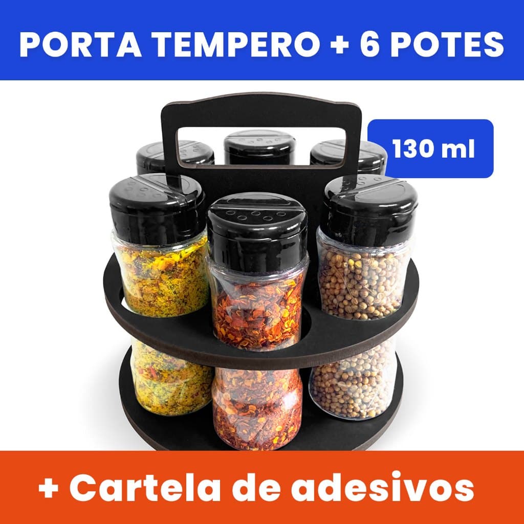 Kit Porta Tempero com Alça + 6 Potes Plástico 130ml para Tempero e Especiarias Tampa Dosadora