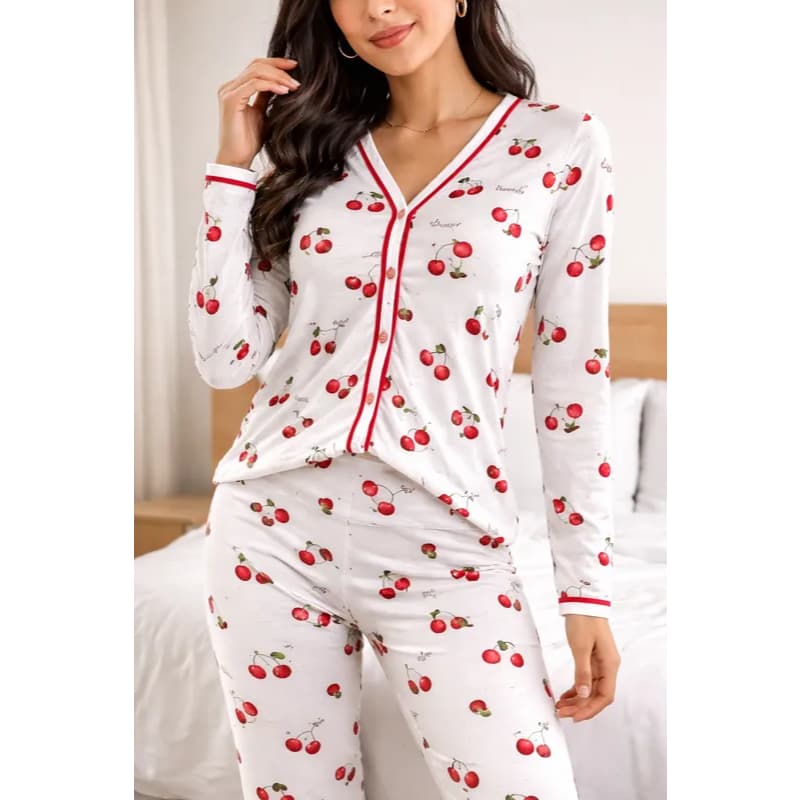 Pijama Americano Feminino Adulto Calça e Blusa Gola V de Frio Com Botões Inverno Amamentação Malha