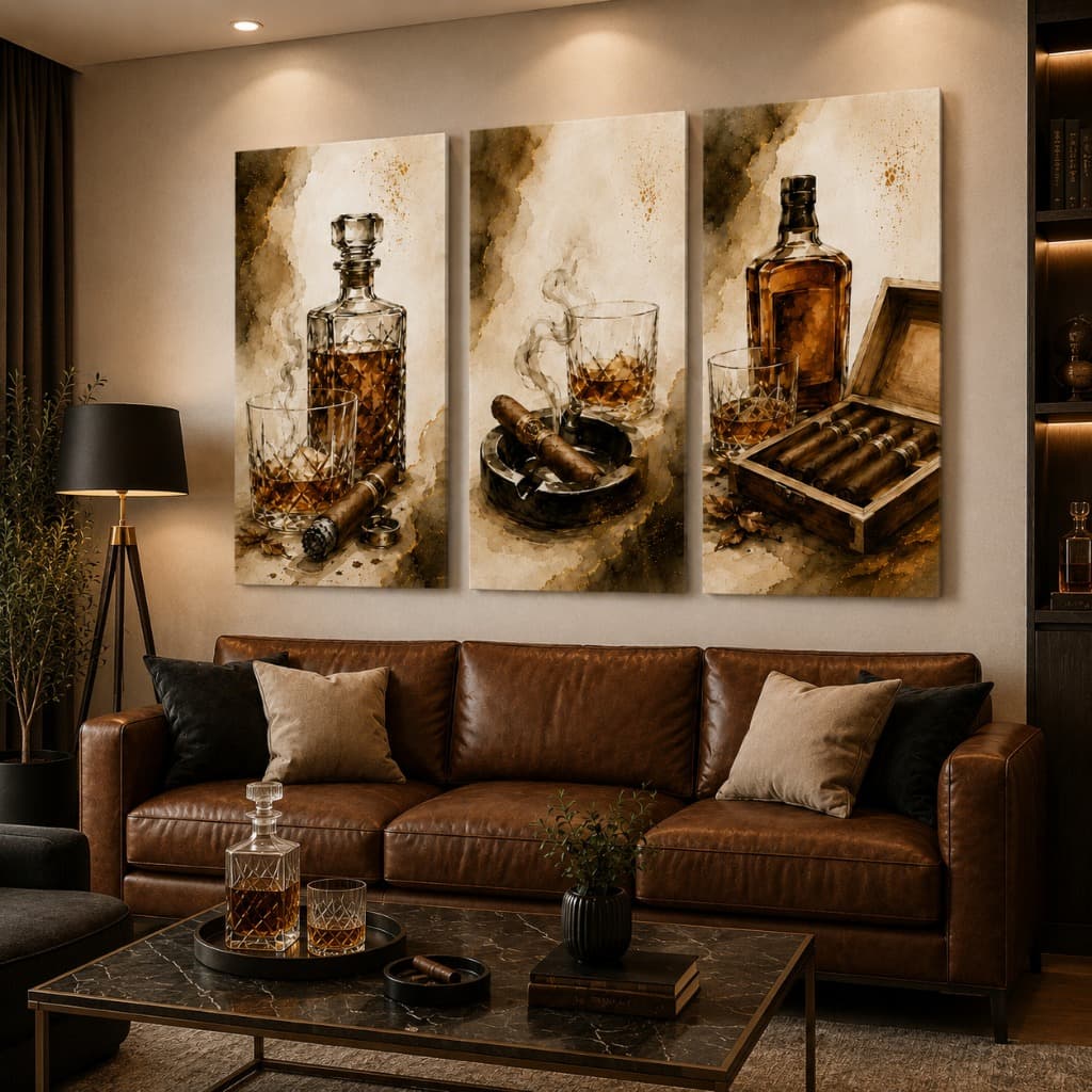 Quadro Decorativo Whisky e Charuto Luxo Premium Trio Masculino Bar Lounge