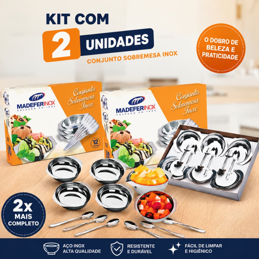 Conjunto Sobremesa Kit 2 Unidades 24 Peças Em Inox Jogo Potes e Colherinhas