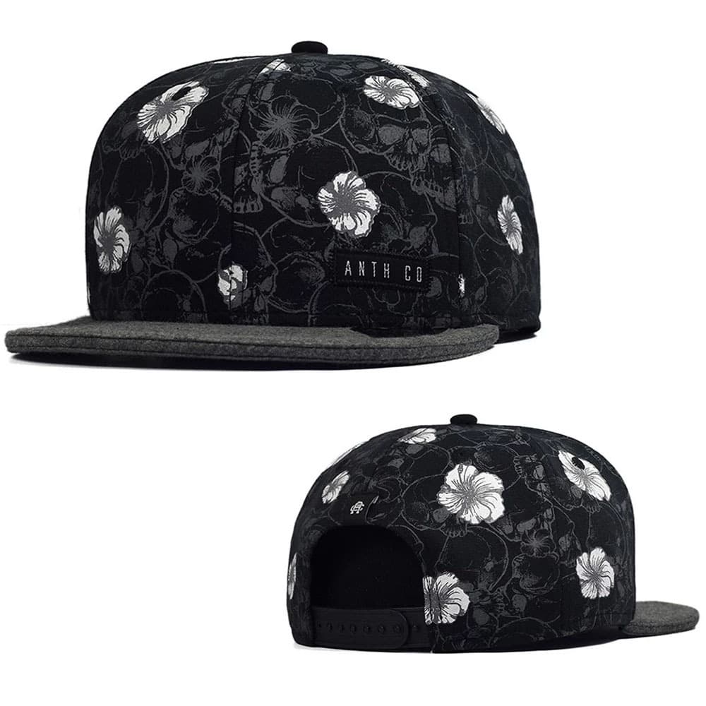 Boné Anth Co. Toten Flores Caveira Preto Aba Reta Aberto Com Ajuste - SOG
