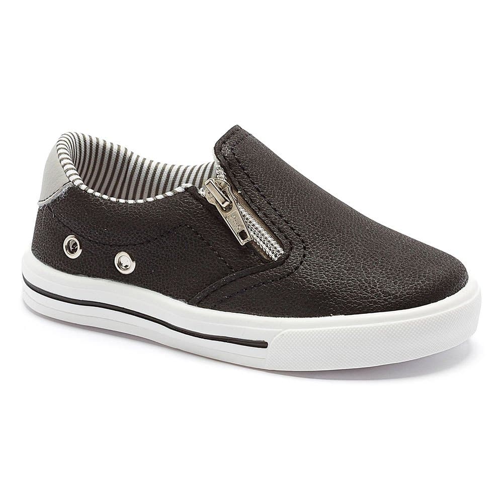 Tênis Menino Infantil Calce Fácil Slip on Masculino Iate Zíper Preto 22337 Pequito