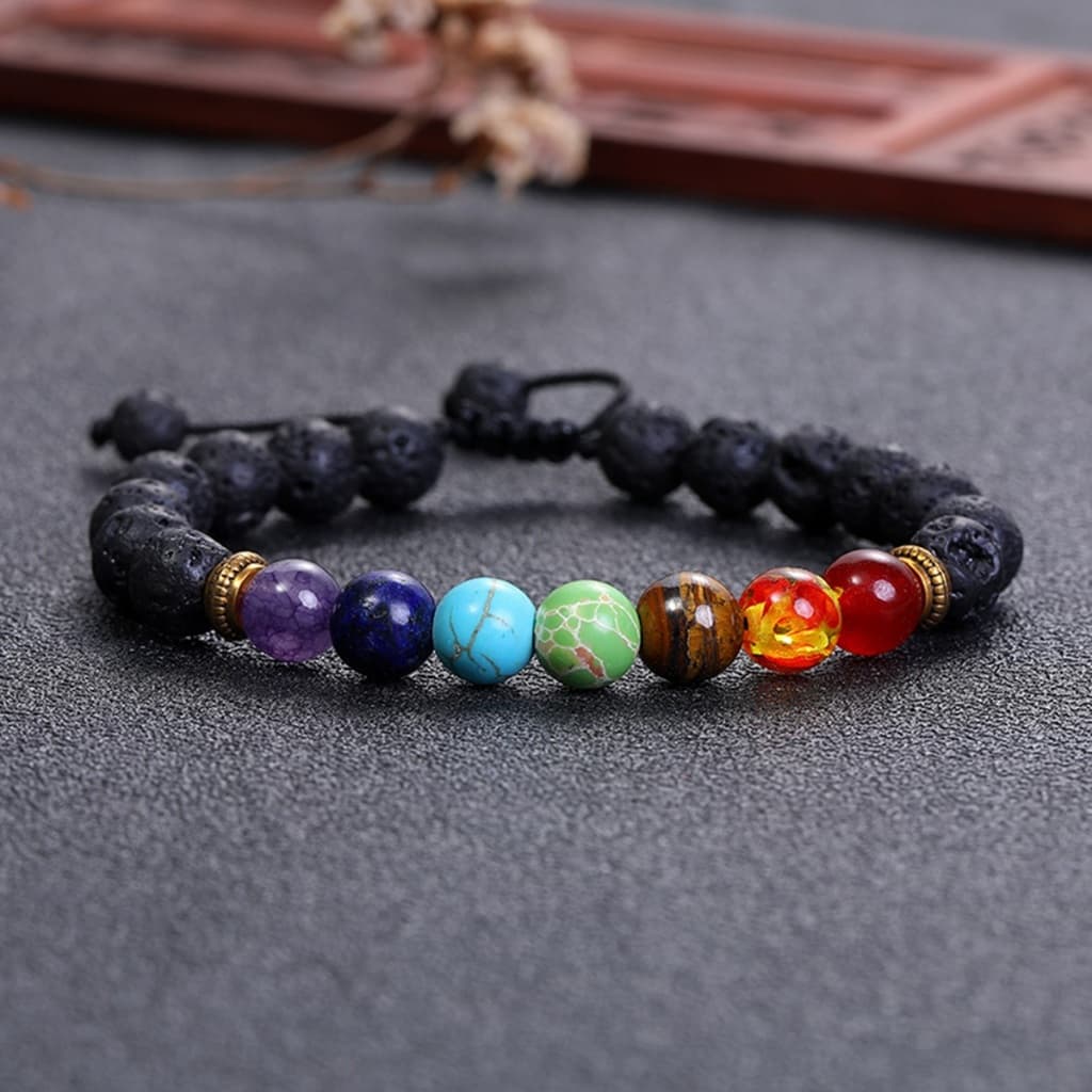 Pulseira 7 Chakras Proteção Cura Pedra Natural Vulcânica | Pulseira Masculina Feminina, Difusor Óleo