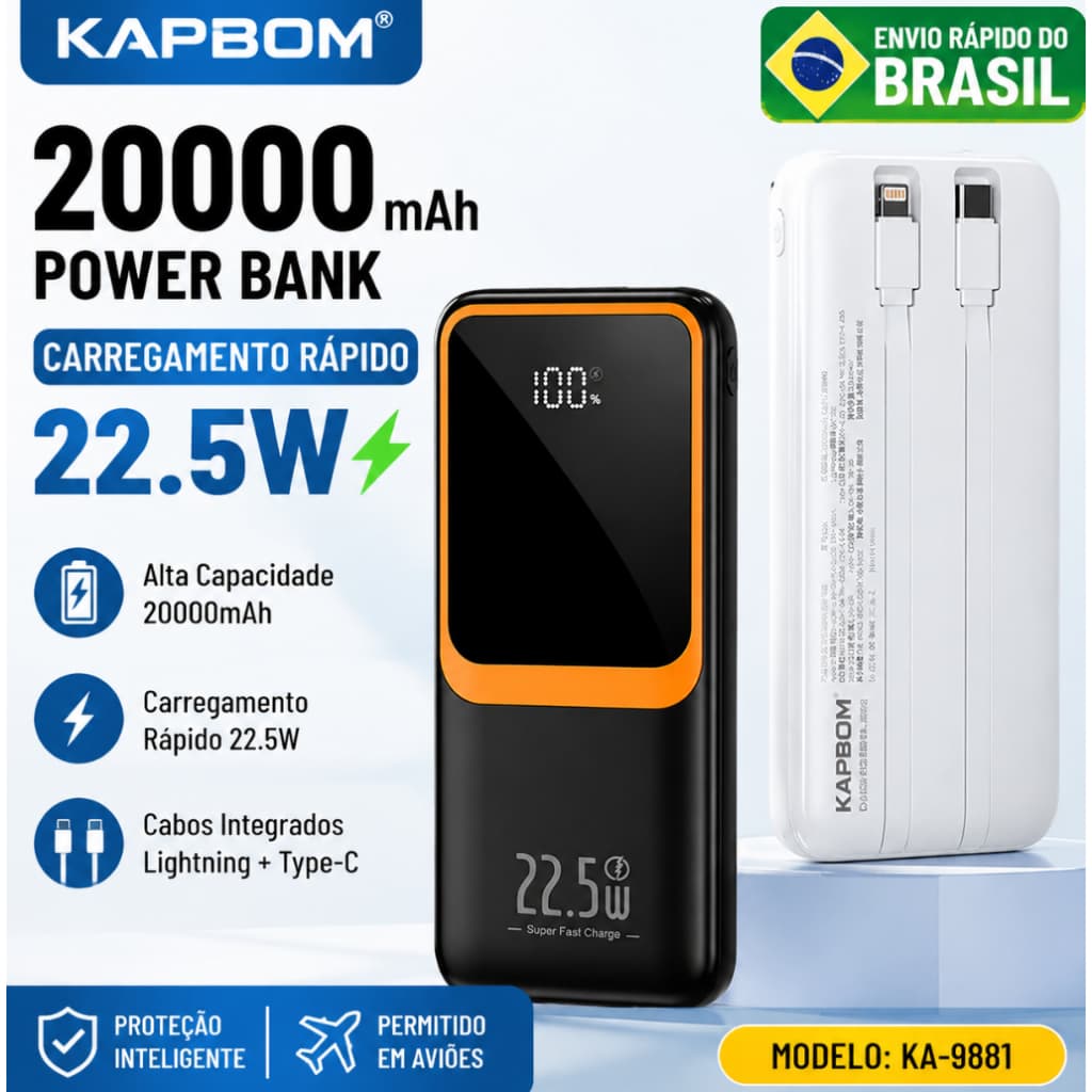 Carregador Power Bank Portatíl Turbo 22.5W Saída USB-C 20.000mah Com Cabo Type-c E Lightning  WUP-940