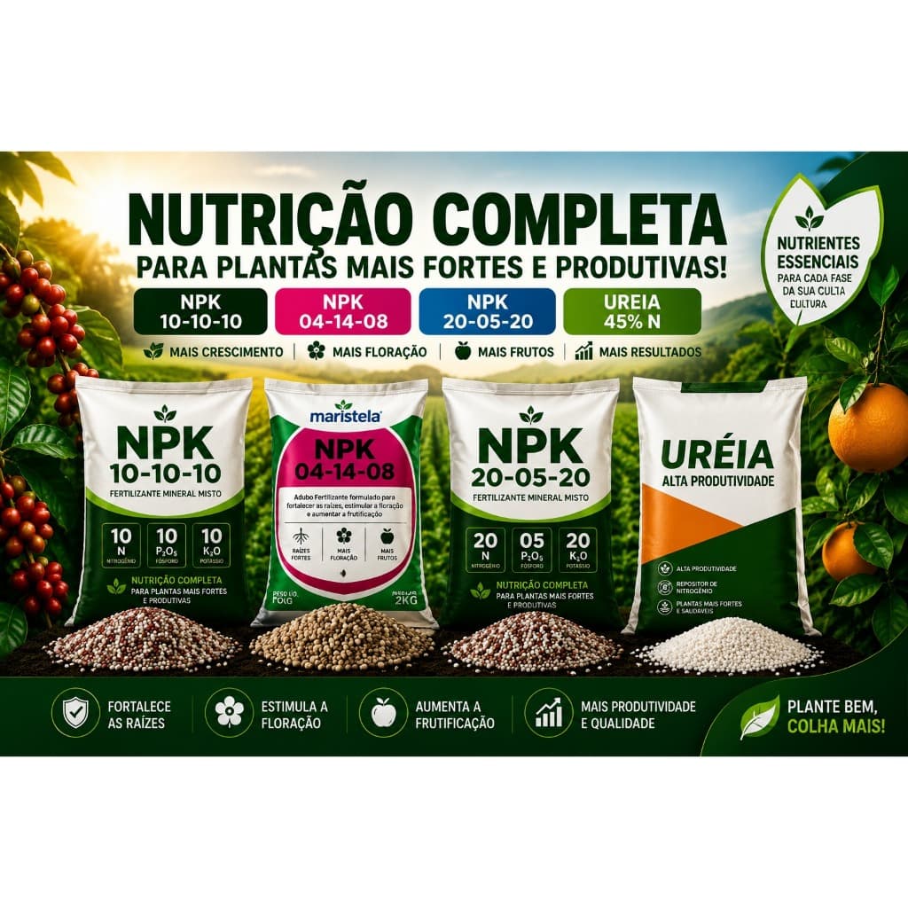 Kit Fertilizantes NPK 10-10-10 + 04-14-08 + 20-05-20 + Ureia 45% N| Hortas, Jardins, Frutíferas e Plantas