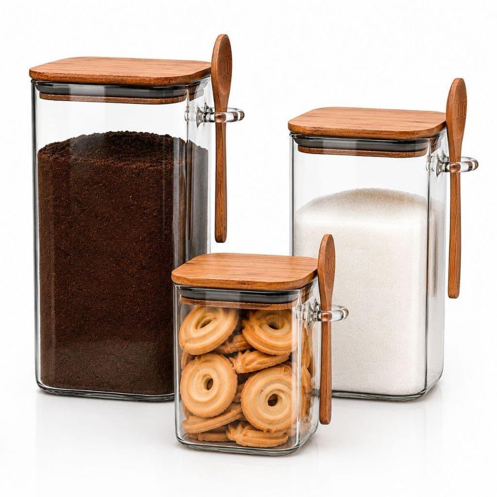 Kit 3 Pote Hermético em Vidro com Tampa e Colher Bambu Porta Café Açúcar Mantimento Grão Organização