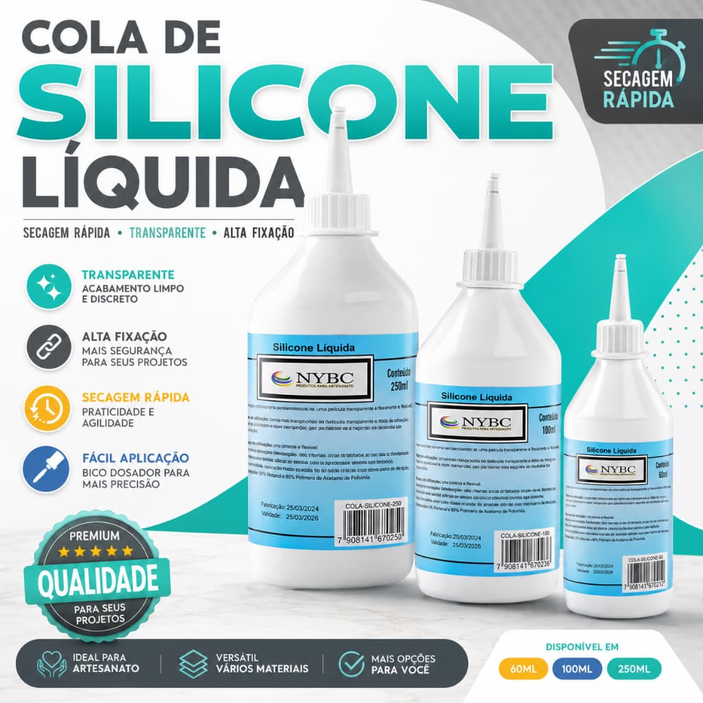 Cola De Silicone Líquida Transparente  250/100/60 Ml - Artesanato, EVA, Papel e Mais - CHAI!