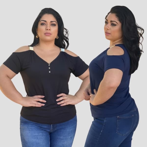 Kit 2 Blusa Feminina Plus Size Manga Curta Elegante Detalhe Decote V Alça Ciganinha Basica Ombro Aberta Estilosa Fivela