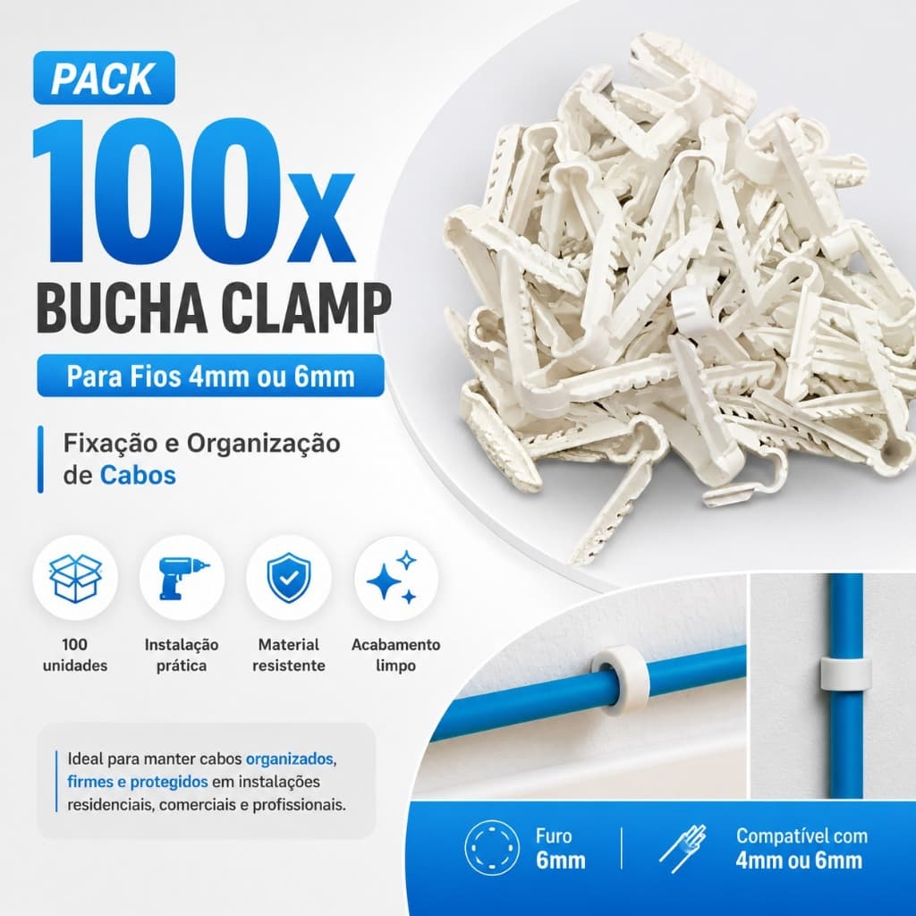Kit 100 Presilhas Clamp Fixa Cabo Para Fios 4mm e 6mm Abraçadeira Nylon Organizador de Cabos Prático