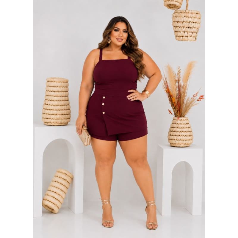Conjunto *Plus Size* Cropped 44 ao 48 Malha Crepe Alça Larga Short Saia