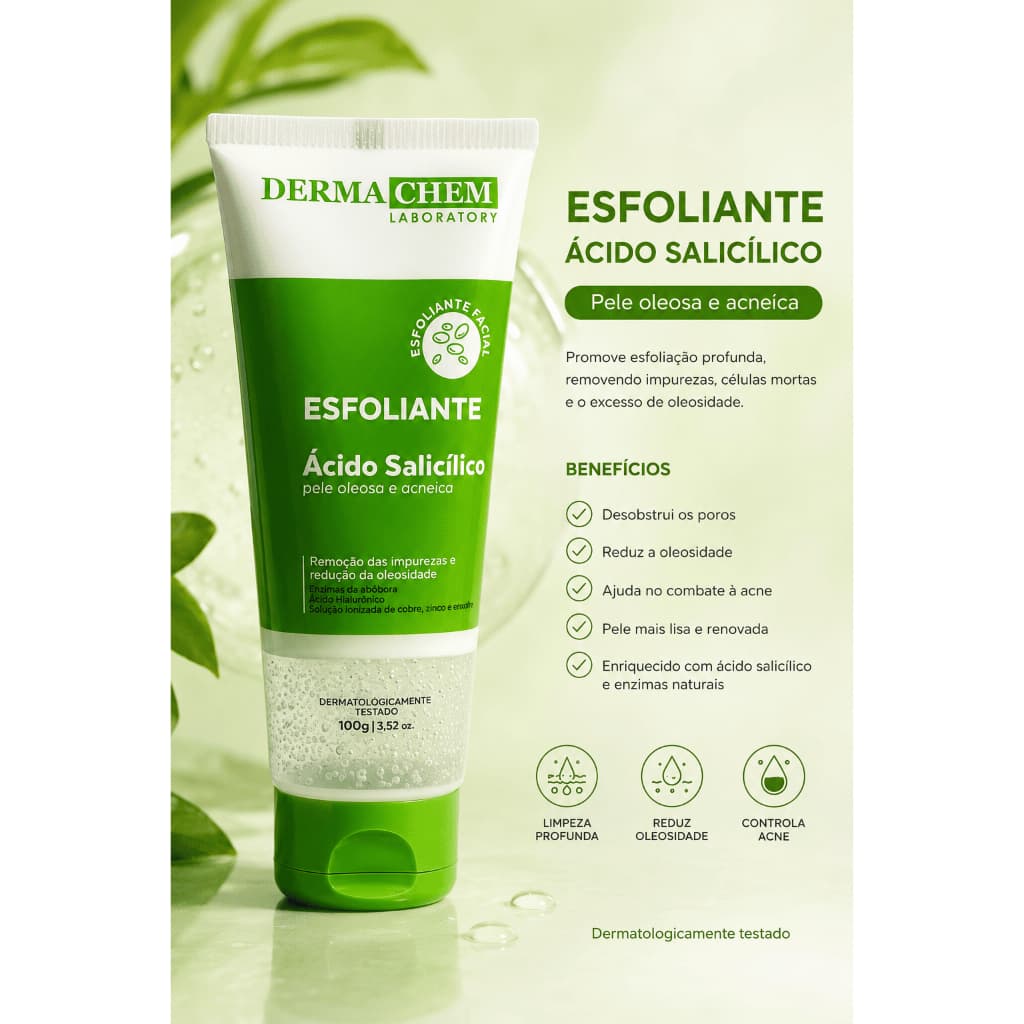 Gel Esfoliante Facial Ácido Salicílico Controle Oleosidade Cravos Poros Acneica Abóbora Dermachem 100g