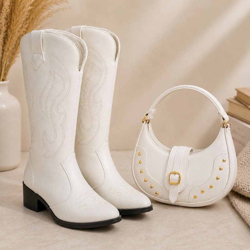 Kit Country Feminino Bota Cano Longo + Bolsa off wait Branco Elegante