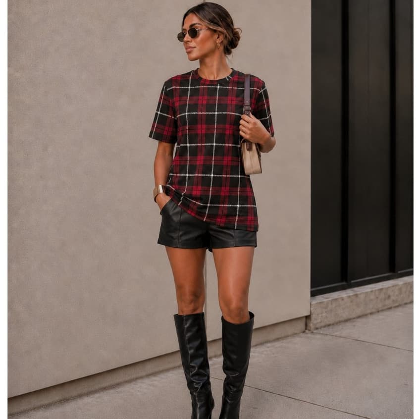 Over Size Feminina Xadrez Festa Junina Rodeio Blusa Camiseta Casual Confortavel