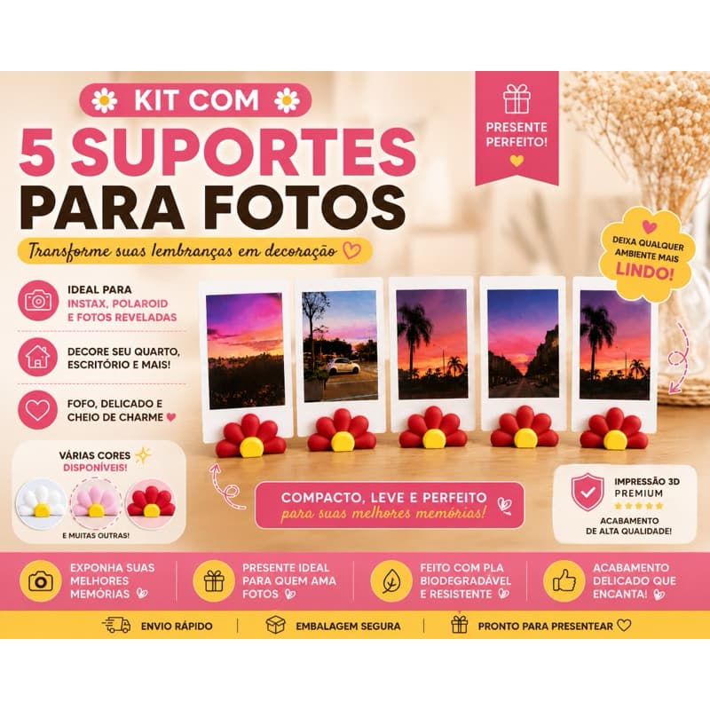 Kit 5 Suportes para Fotos Instax Polaroid Flor Margarida Porta Retrato Decoração