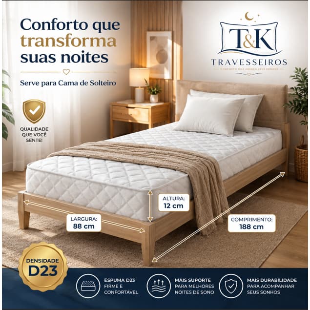 Colchão 100% Espuma Solteiro D23 Ortopédico 88x188X12cm Durável Acabamento BORDADO