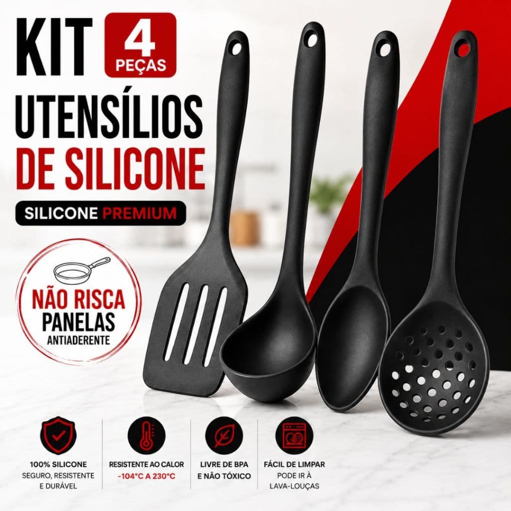 Kit Utensílios Silicone Cozinha 4 Peças Espátula Colher Antiaderente Resistente ao Calor