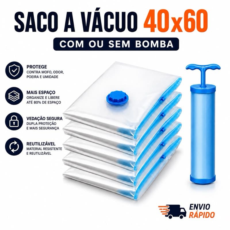 Saco a Vácuo 40x60 Organizador de Roupas com ou sem Bomba Reutilizável Economiza até 80%