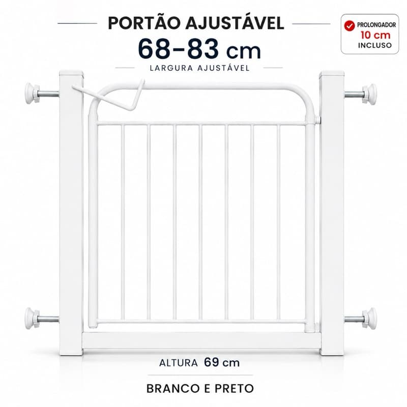 Portão de Proteção para Pet e Bebê Ajustável Sem Furos com Extensor 69cm