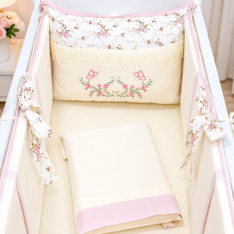 Kit mini berço menina protetor bebe luxo jardim das borboletas bordado 100% algodão