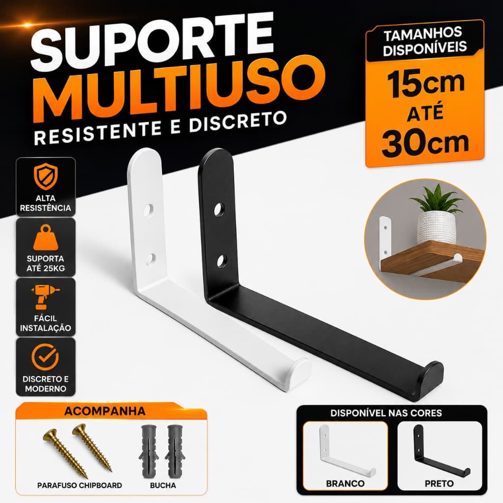 Suporte Invertido Mão Francesa Cantoneira para prateleira de Ferro 15cm a 30cm + Parafusos