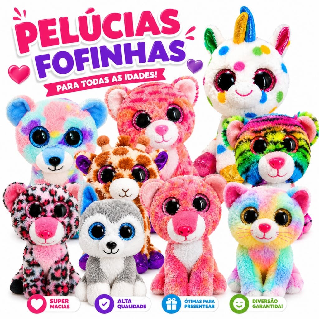 Pelúcias Animais Olhos Brilhantes Tynny Zoiudo Animal Unicórnio Gato Cachorro Morcego 16 cm