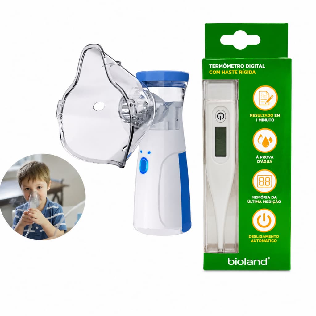 kit nebulizador portatil utrassonico infantil e adulto + termometro digital bioland