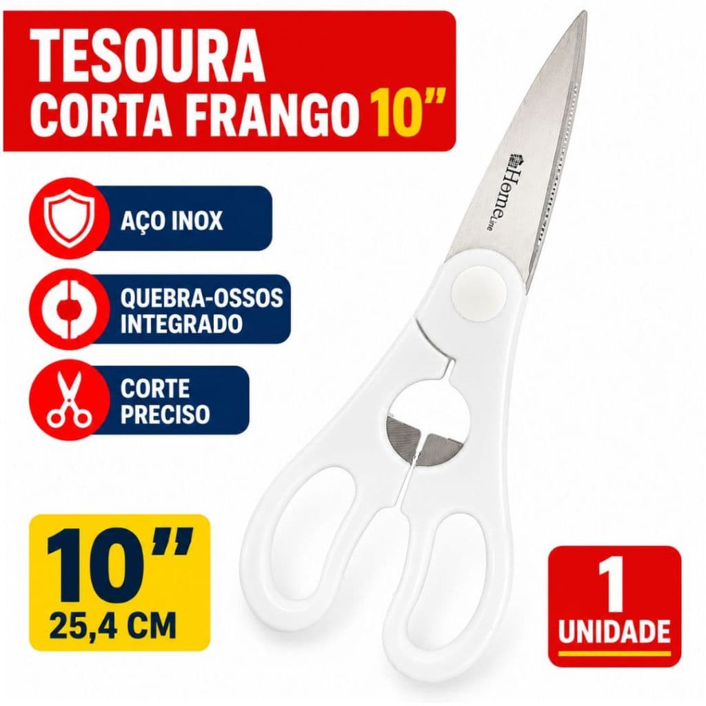 Tesoura Corta Frango 10 Pol Aço Inox Quebra Ossos Integrado Cozinha Multiuso 25,4cm