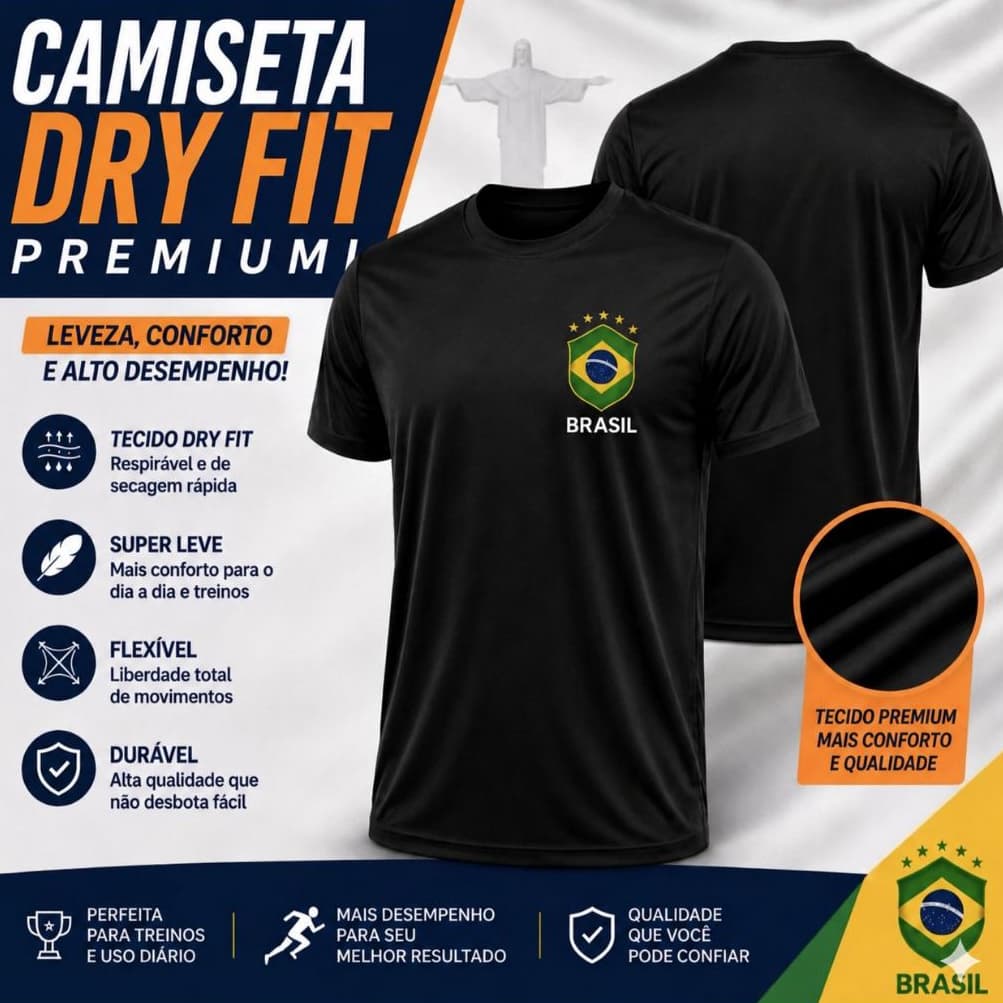 Camiseta bandeira Brasil kit 2 blusas Dry Fit branca preta país pátria patriota masculina militar Anti Odor Respirável