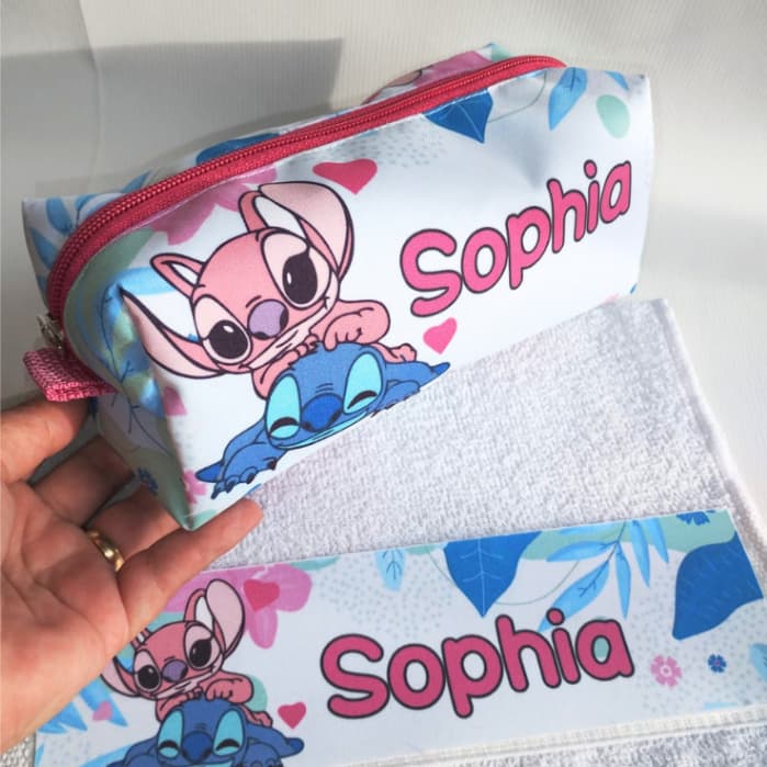 Kit Floral Stitch & Angel Personalizado com Nome l Estojo Escolar + Toalha de Mão