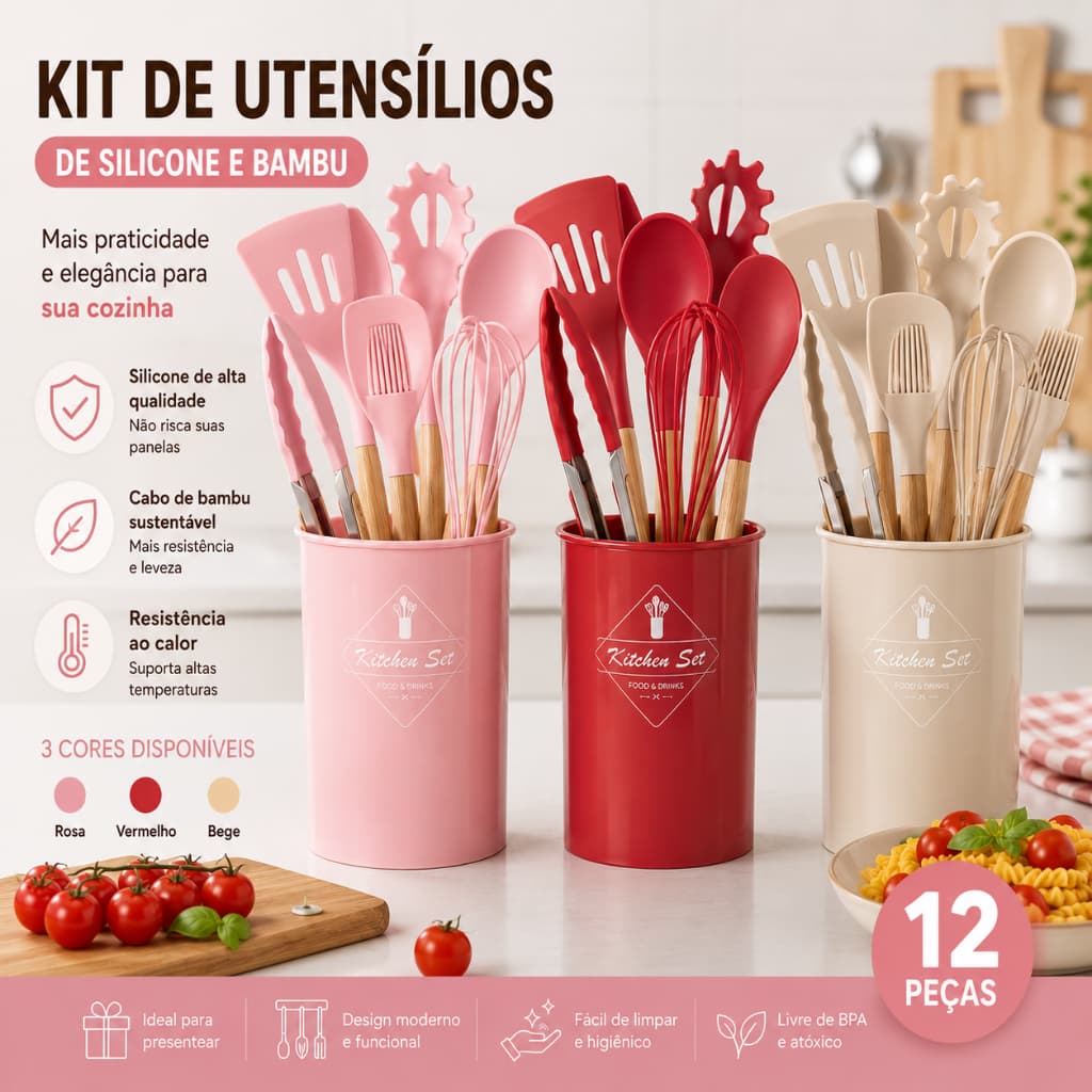 KIT de Utensílios Para Cozinha em Silicone e Bambu 12 Peças  novo 2026