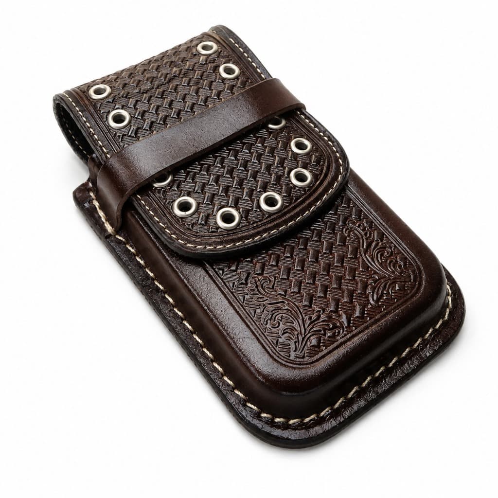 Capa Para Celular Couro Legítimo Forrada Bordada Com Lhós (Café)