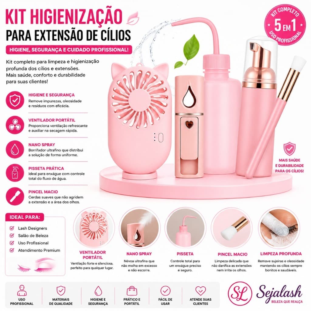Kit Higienização de Cílios Extensão com Ventilador Nano Pump Pisseta e Pincel