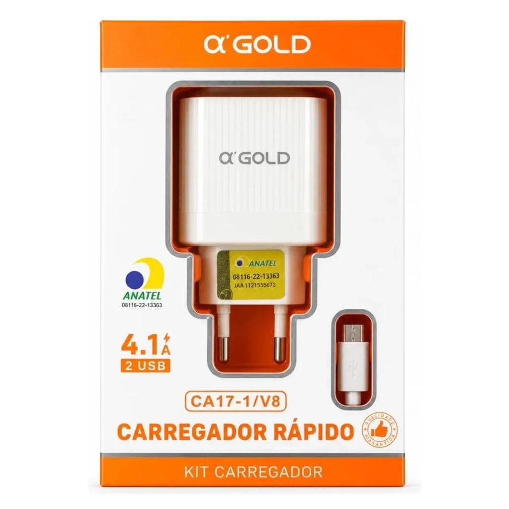 Carregador Rápido A'Gold CA17-1 V8 Micro USB 2 Portas 4.1A De Parede Para Celular Kit Carregament .