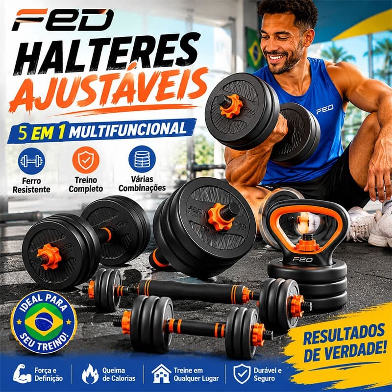 Fitness em Casa Halteres 20kg 5 em 1 Kit Ajustável Emborrachado Treino Funcional Completo Casa Gym