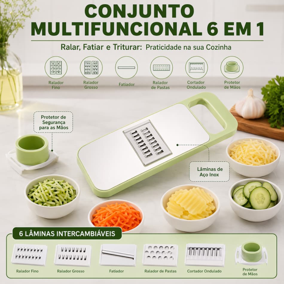 Ralador de Legumes 6 Lâminas Aço Inox, Cortador, Fatiador e Ralador de Pastas com Proteção para Dedos