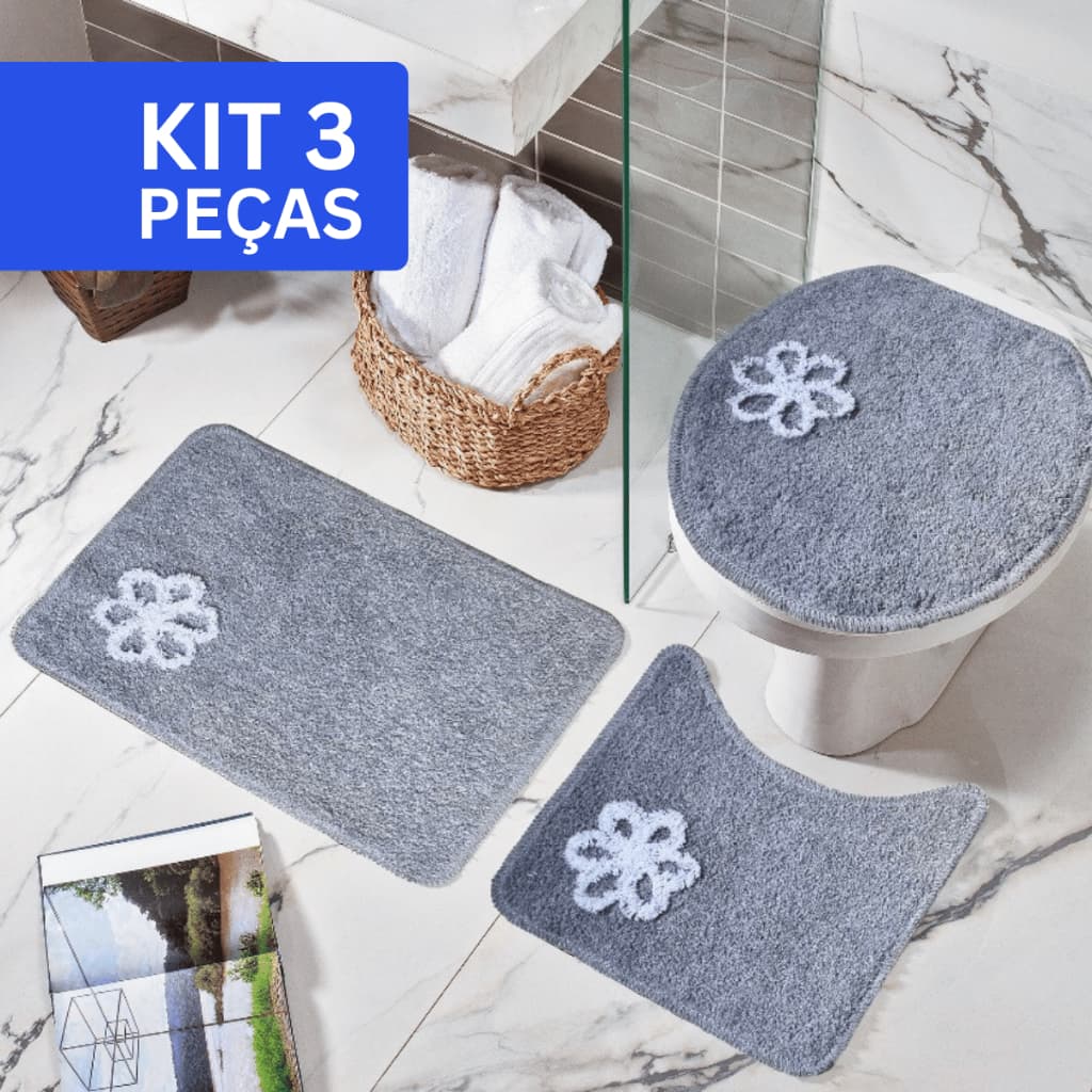 Kit 3 Peças Jogo Tapete Felpudo Antiderrapante Para Banheiro 100% Algodão 52,5cmx40cm Peludo